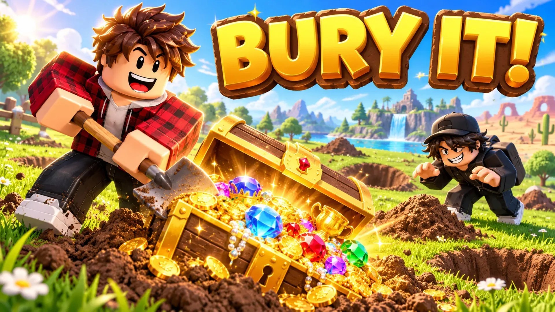 A player digs up an overflowing treasure chest while a rival sneaks up behind.