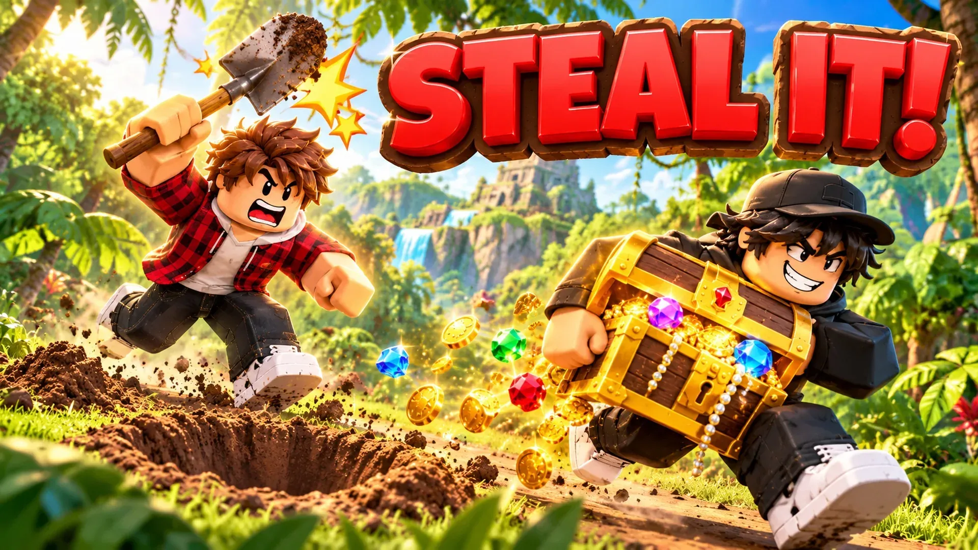“Steal it!” — a player swings a shovel at a thief running away with a chest.